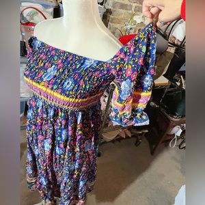 Uimlk open shoulder blue pink floral short trumpet sleeve stretchy chest & waist